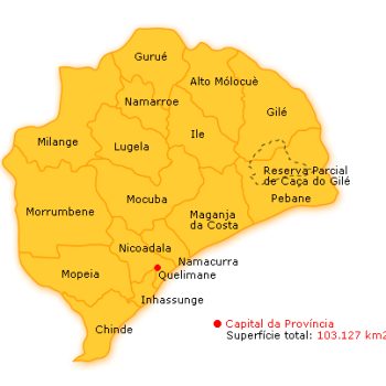 A Zambézia tem uma superfície de 103 127 km2 e uma população de 3 780 000 habitantes (2004), cerca de vinte por cento do povo de Moçambique. As etnias mais representadas são as Chuabo e Macua. A província de Zambézia está dividida nos distritos de Alto Molócue, Chinde, Gilé, Gurué, Ile, Inhassunge, Lugela, Maganja da Costa, Milange, Mocuba, Mopeia, Morrumbala, Namacurra, Namarroi, Nicoadala e Pebane e nos distritos de Gurúè, Milange, Mocuba e Quelimane.